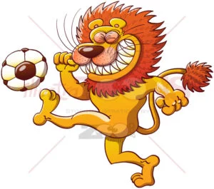 Brave lion kicking a soccer ball - illustratoons