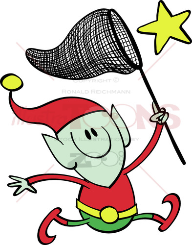 Christmas elf chasing a star with a net - illustratoons