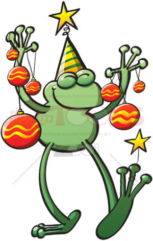 Christmas frog smiling and bringing baubles - illustratoons