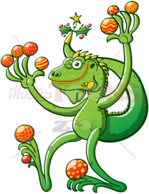 Christmas iguana winking and holding baubles - illustratoons