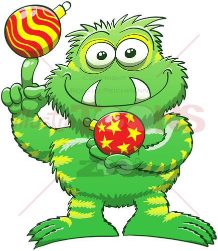 Christmas monster posing with Xmas baubles - illustratoons