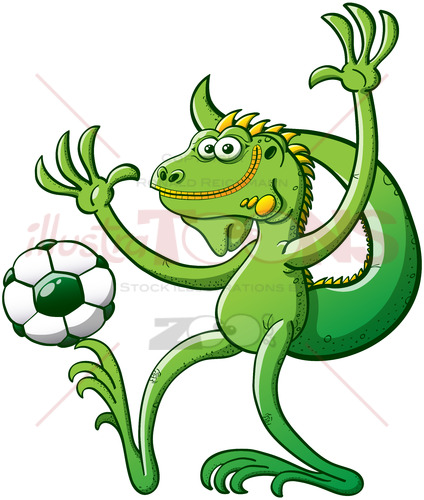 Cool green iguana playing soccer and posing - illustratoons