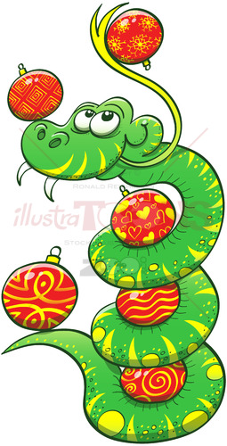 Green snake juggling Christmas baubles - illustratoons