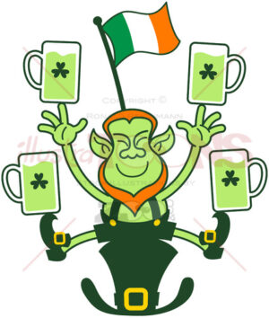 Leprechaun juggling Irish flag and beer mugs - illustratoons