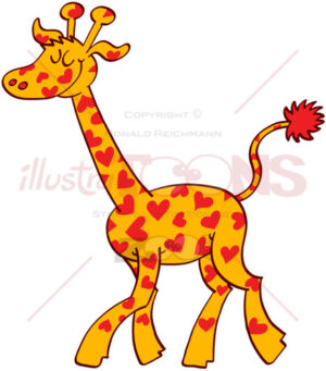 Proud giraffe wearing red hearts on its fur