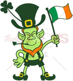 Proud leprechaun waving an Irish flag - illustratoons