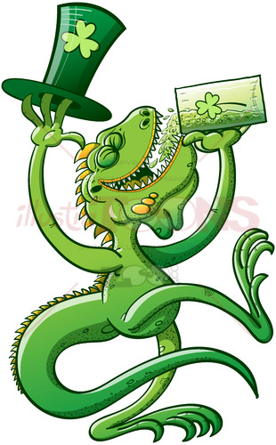 Saint Patrick’s Day green iguana drinking beer - illustratoons