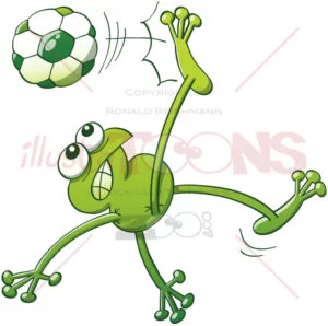 Talented green frog executing a stunning bicycle kick - illustratoons
