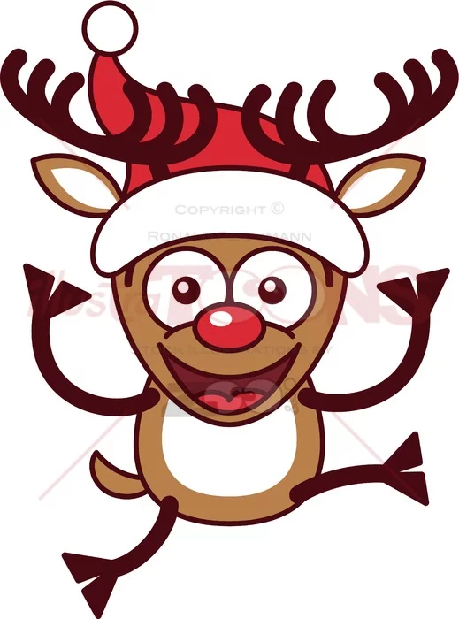 Xmas reindeer wearing a Santa hat and jumping