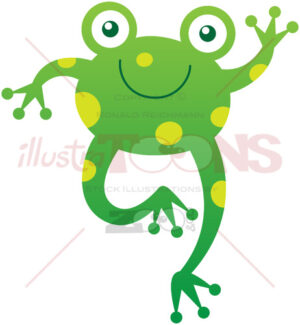Green baby frog smiling and waving animatedly - illustratoons