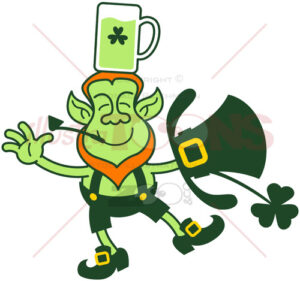 St Paddy’s Day Leprechaun keeping balance with a mug of beer on his head - illustratoons