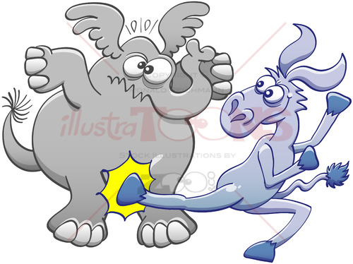 Mischievous donkey kicking an elephant - illustratoons