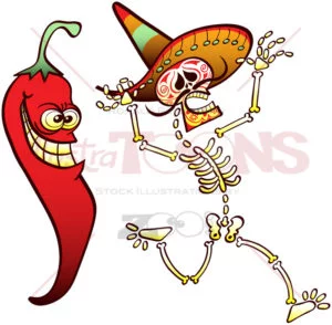 Hot chili pepper scaring a Mexican skeleton - illustratoons