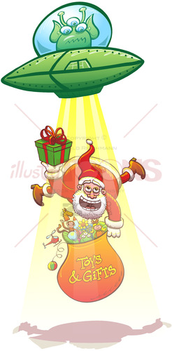 Alien kidnapping Santa Claus with its flying saucer - illustratoons