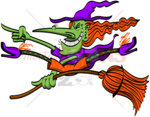 Crazy Halloween witch doing tricks on her broomstick - illustratoons