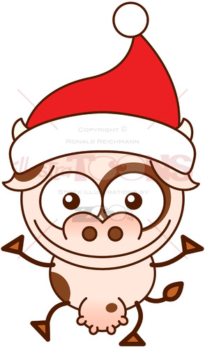Christmas cow wearing Santa hat and greeting - illustratoons