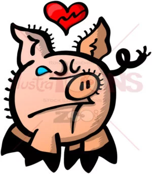 Cute pig with broken heart and weeping - illustratoons
