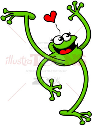 Flirty green frog smiling, waving and falling in love - illustratoons