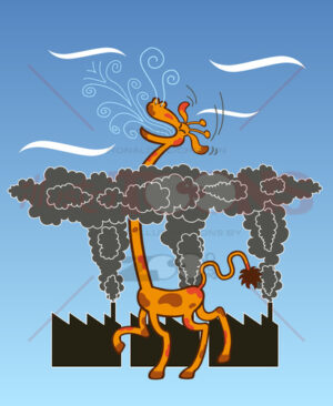 Long-necked giraffe breathing fresh air after escaping pollution cloud - illustratoons