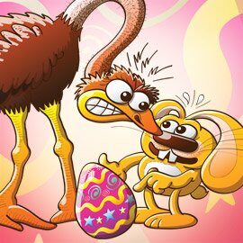 Easter bunny facing an angry ostrich