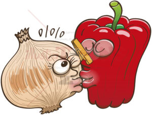Smelly onion and cautious sweet pepper kissing - illustratoons