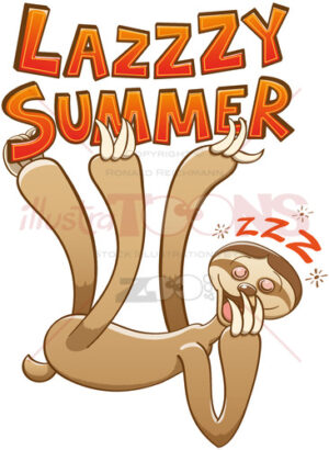 Funny sloth yawning and hanging from a lazy summer text - illustratoons