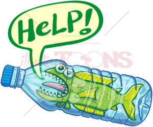 Scared fish inside a plastic bottle crying for help - illustratoons