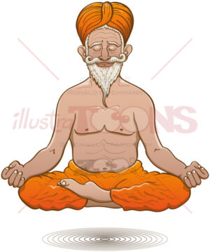 Indian guru floating while meditating in half lotus pose - illustratoons