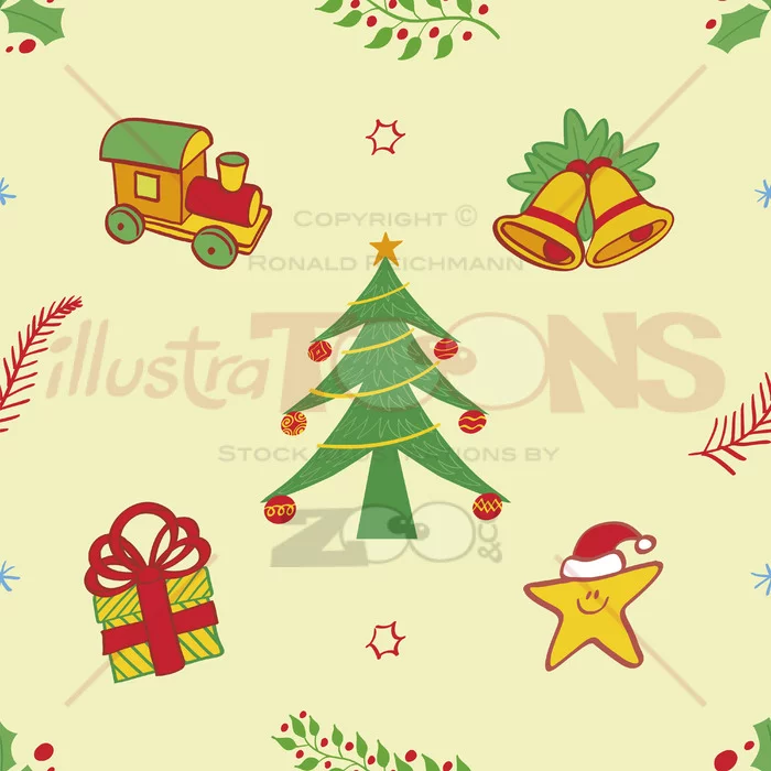 Christmas symbols pattern, tree, train, bells, gift and star - illustratoons