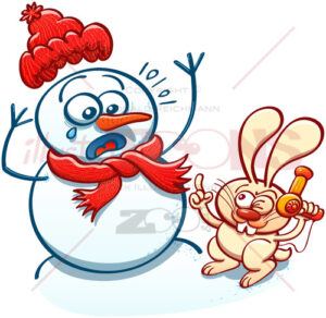 Mischievous bunny menacing a snowman with a hair dryer - illustratoons