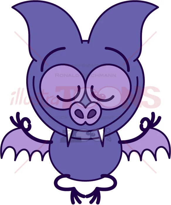 Purple bat meditating in lotus pose and joyful mood - illustratoons
