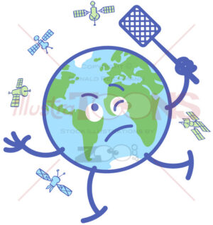 Desperate Earth chasing satellites with a fly swatter - illustratoons