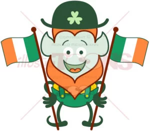 St Patrick’s Day Leprechaun waving Irish flags - illustratoons
