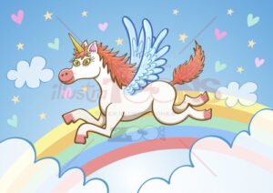 Beautiful white unicorn flying among clouds and rainbow - illustratoons
