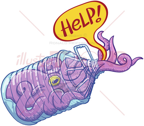 Purple octopus trapped in a plastic bottle asking for help - illustratoons