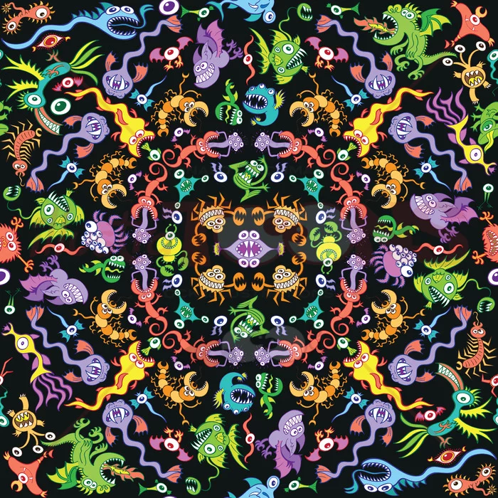 Colorful pattern design full of monsters and weird creatures - illustratoons