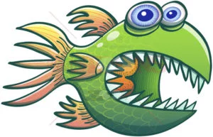 Wary green fish opening its mouth and showing sharp teeth - illustratoons