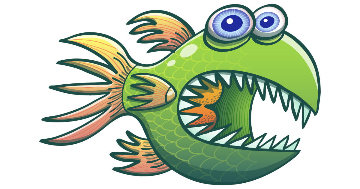 Wary green fish opening its mouth and showing sharp teeth - illustratoons