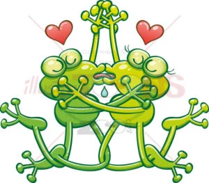 Couple of green frogs in love enjoying a French kiss - illustratoons