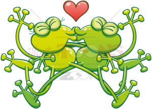 Couple of green frogs in love kissing passionately - illustratoons