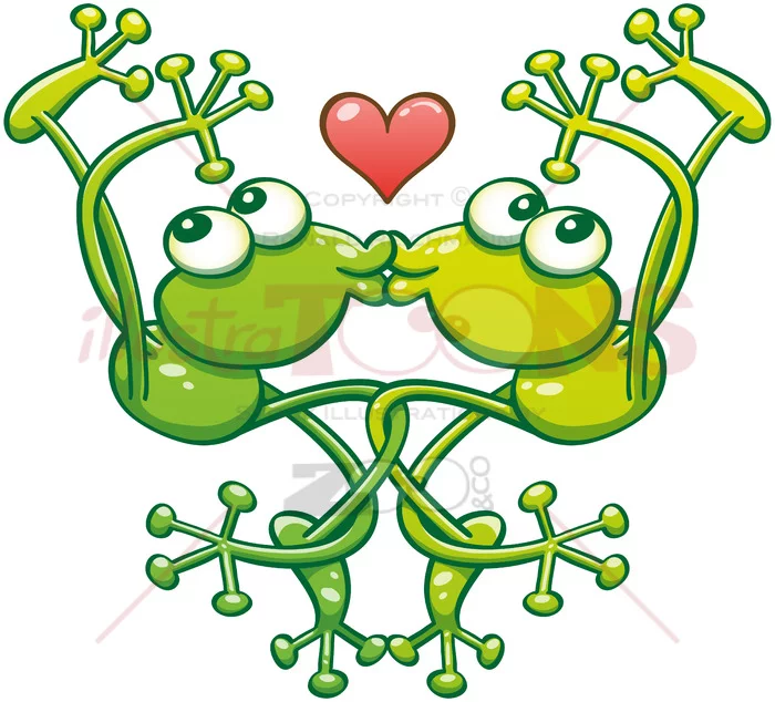 Green frogs kissing and falling in love - illustratoons
