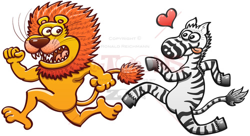 Scared lion running away from a crazy zebra in love - illustratoons