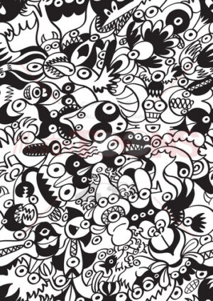 Monstrous doodles in a scary black and white pattern design - illustratoons