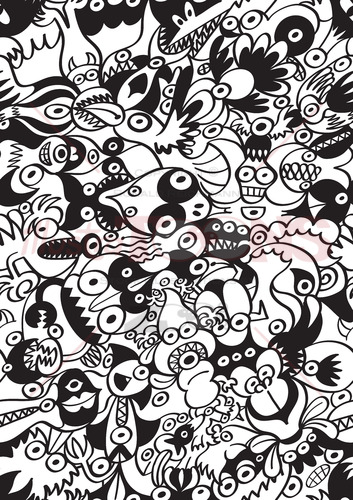 Monstrous doodles in a scary black and white pattern design - illustratoons