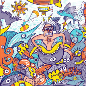Summer Adventure? A Colorful Scene of Freediving Action and Sea Creatures - illustratoons